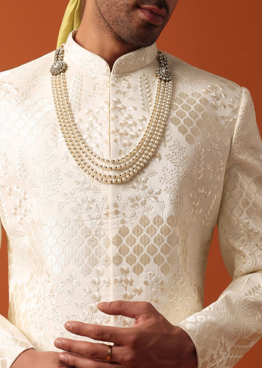 Elegant Pristine White Silk Sherwani Set With Intricate Embroidery Work