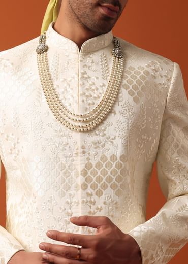 Elegant Pristine White Silk Sherwani Set With Intricate Embroidery Work