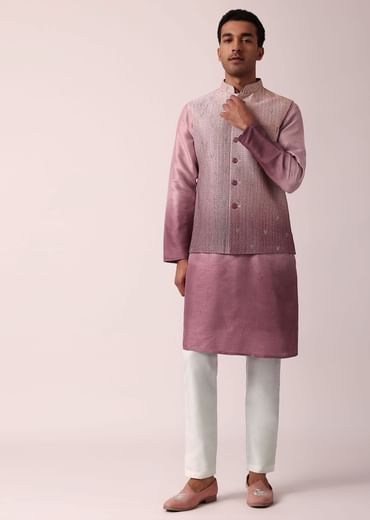 Elegant Purple Silk Embroidered Jacket Kurta Set