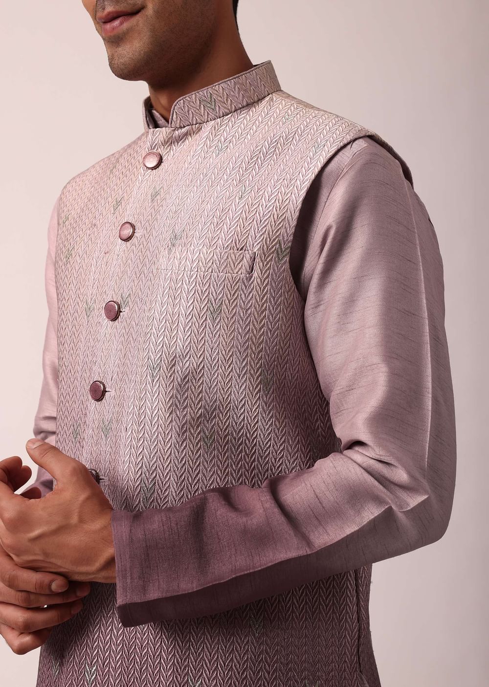 Elegant Purple Silk Embroidered Jacket Kurta Set