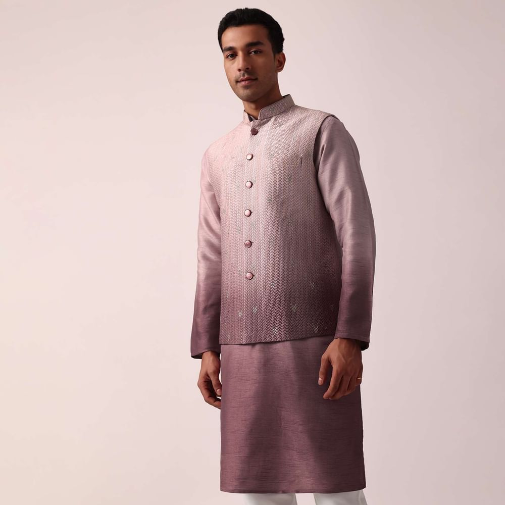 Elegant Purple Silk Embroidered Jacket Kurta Set