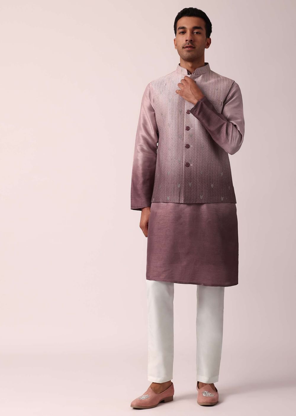Elegant Purple Silk Embroidered Jacket Kurta Set