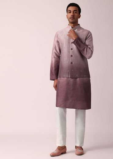 Elegant Purple Silk Embroidered Jacket Kurta Set