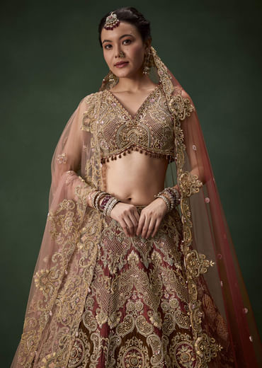Embellished Bridal Lehenga Set with Two Dupattas