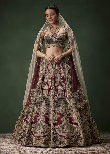 Embroidered Bridal Lehenga Set with Two Dupattas
