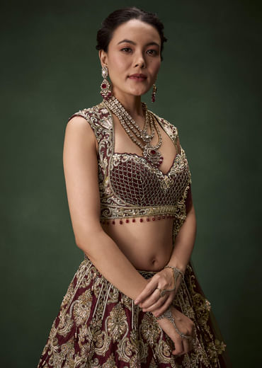 Embroidered Bridal Lehenga Set with Two Dupattas