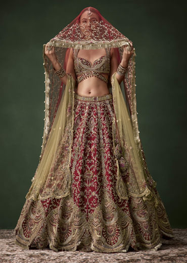 Embroidered Raw Silk Bridal Lehenga Set with Two Dupattas