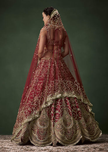Embroidered Raw Silk Bridal Lehenga Set with Two Dupattas