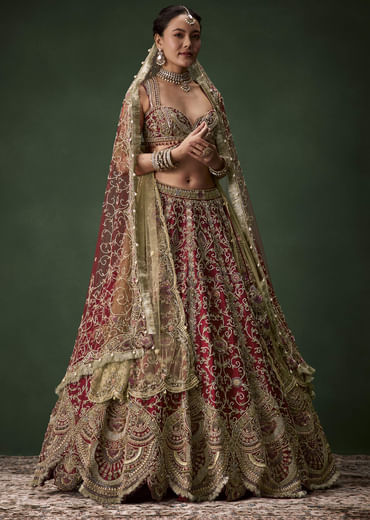 Embroidered Raw Silk Bridal Lehenga Set with Two Dupattas