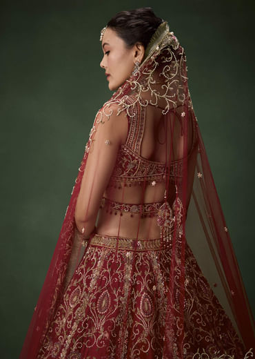Embroidered Raw Silk Bridal Lehenga Set with Two Dupattas