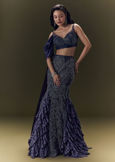 Embroidered Bodice Lehenga With Puff Sleeves Cape
