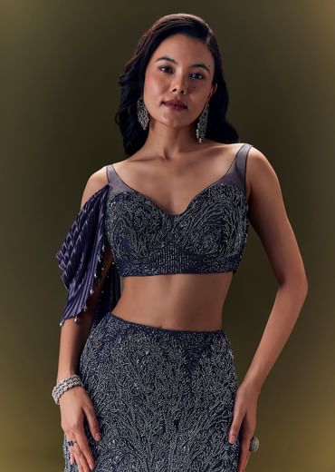 Embroidered Bodice Lehenga With Puff Sleeves Cape