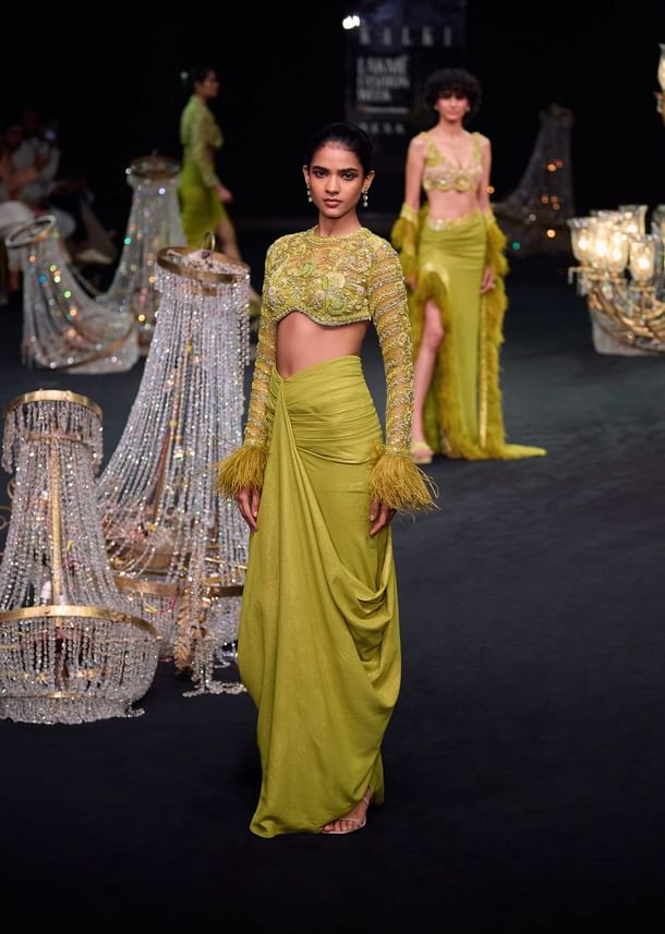 Citrus Green Satin Net Draped Trail Skirt With Feather Embellished Bustier