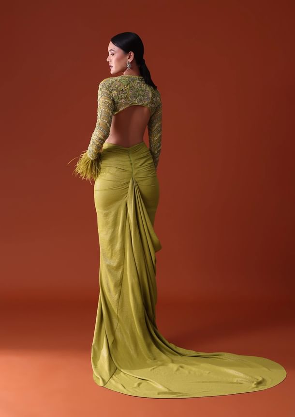 Citrus Green Satin Net Draped Trail Skirt With Feather Embellished Bustier