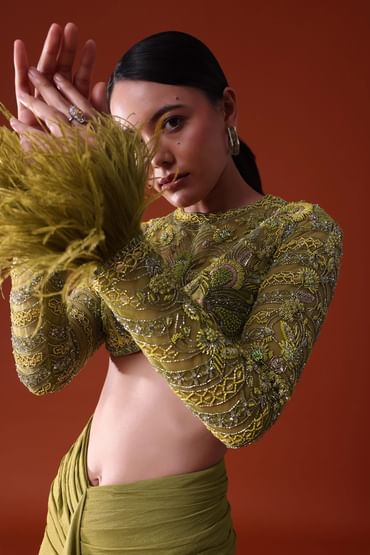 Citrus Green Satin Net Draped Trail Skirt With Feather Embellished Bustier