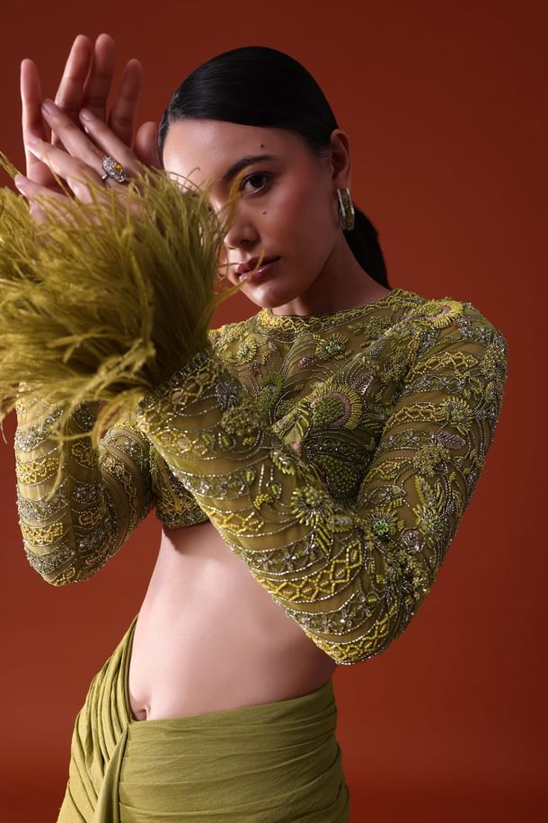 Citrus Green Satin Net Draped Trail Skirt With Feather Embellished Bustier