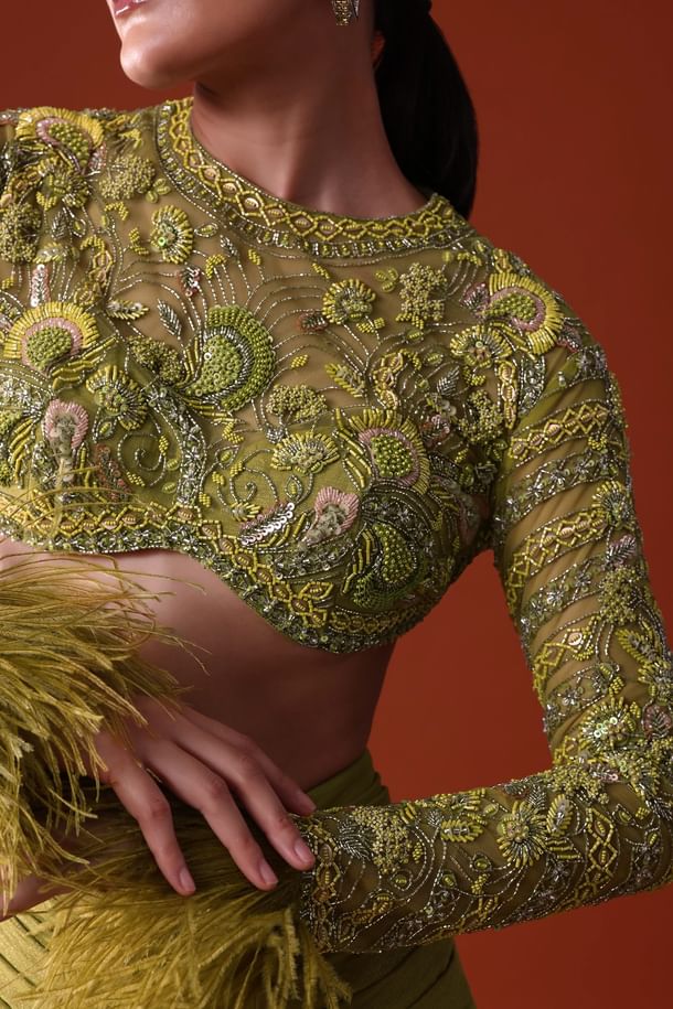 Citrus Green Satin Net Draped Trail Skirt With Feather Embellished Bustier