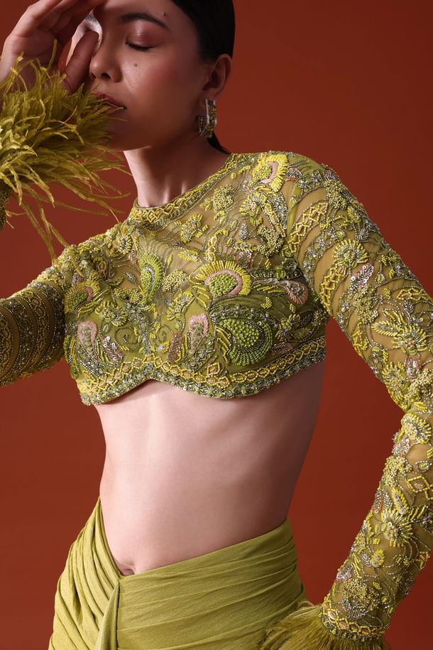 Citrus Green Satin Net Draped Trail Skirt With Feather Embellished Bustier