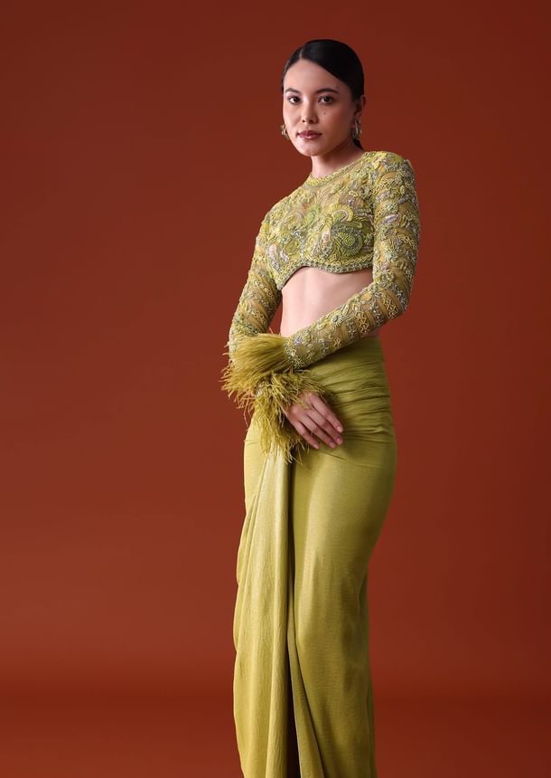 Citrus Green Satin Net Draped Trail Skirt With Feather Embellished Bustier