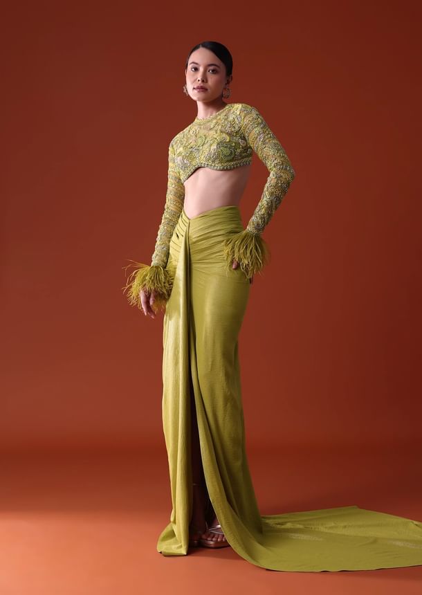 Citrus Green Satin Net Draped Trail Skirt With Feather Embellished Bustier