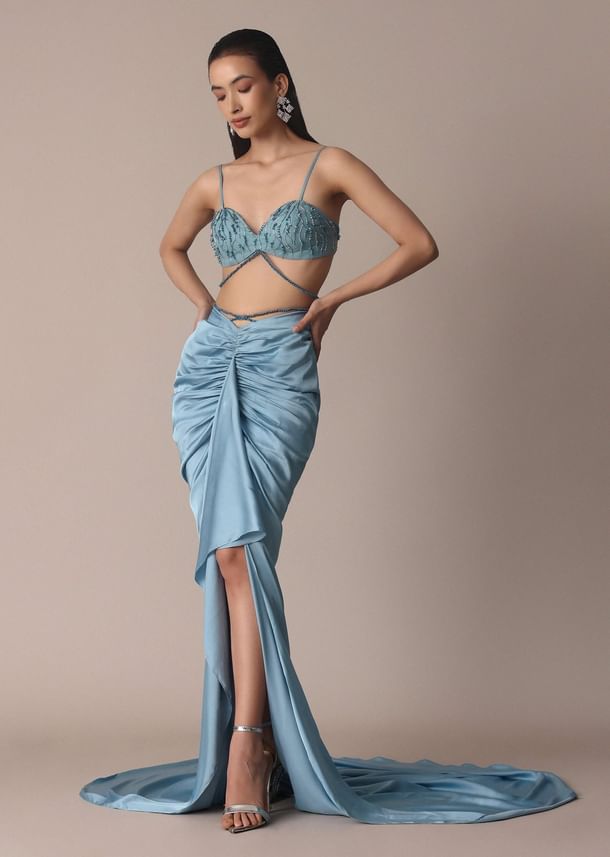 Blue Fish Cut Gathered Zardosi Draped Skirt And Tassel Jacket Set