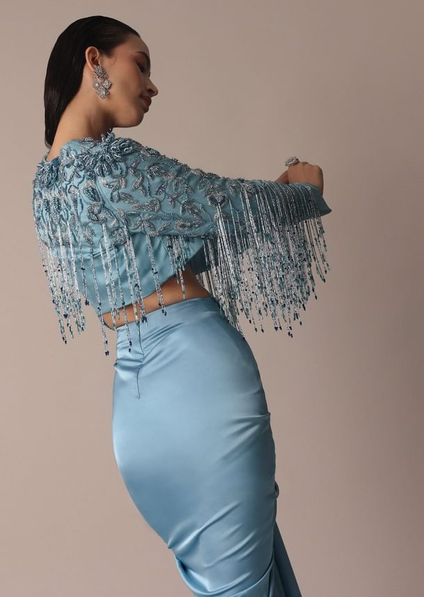 Blue Fish Cut Gathered Zardosi Draped Skirt And Tassel Jacket Set
