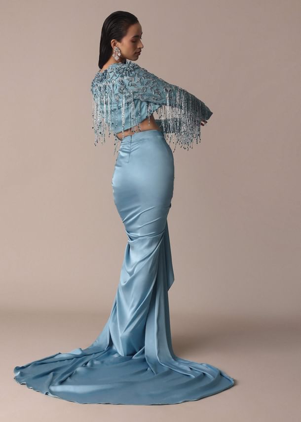 Blue Fish Cut Gathered Zardosi Draped Skirt And Tassel Jacket Set