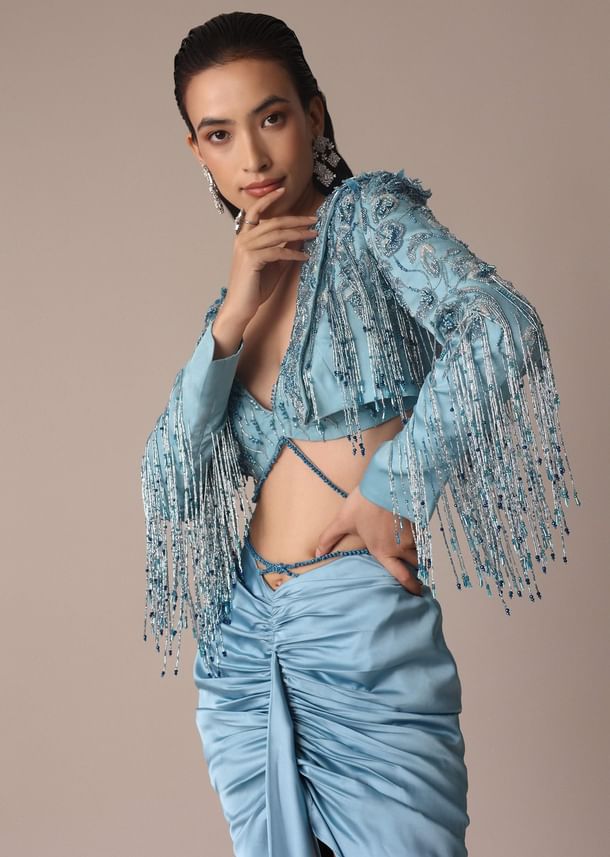 Blue Fish Cut Gathered Zardosi Draped Skirt And Tassel Jacket Set