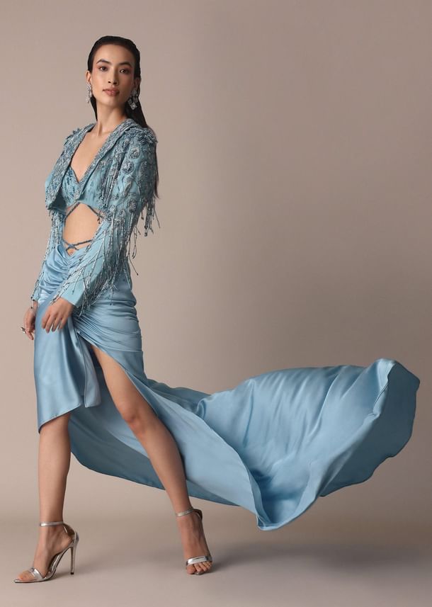 Blue Fish Cut Gathered Zardosi Draped Skirt And Tassel Jacket Set