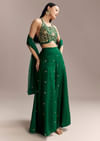 Emerald Green Silk Crop Top And Palazzo Set With Zari Work