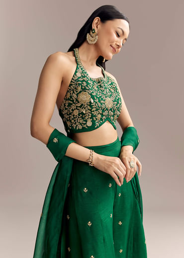 Emerald Green Silk Crop Top And Palazzo Set With Zari Work