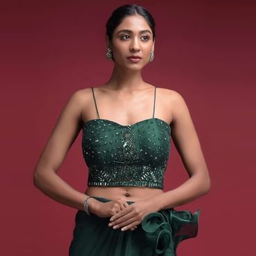 Emerald Green Corset Blouse With Hand Embellished Cut Dana And Sequins Accents And Spaghetti Straps