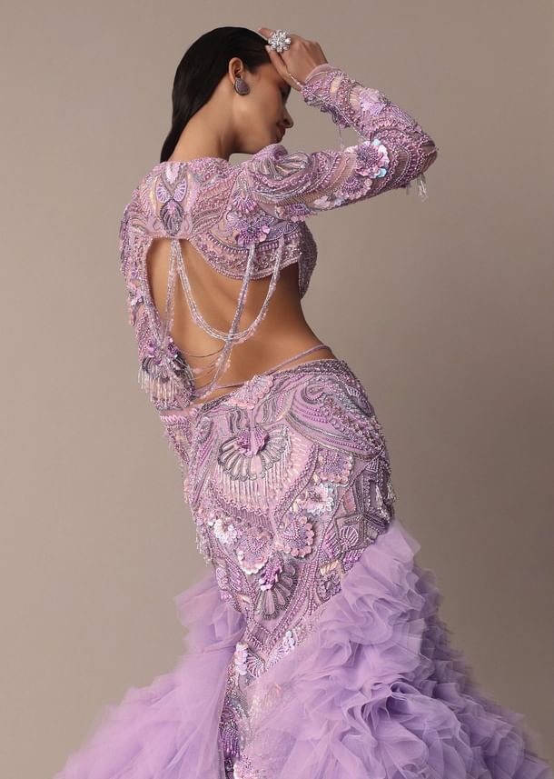 Lavender 3D Ruffle Fish Cut Skirt And Crystal Blouse Set