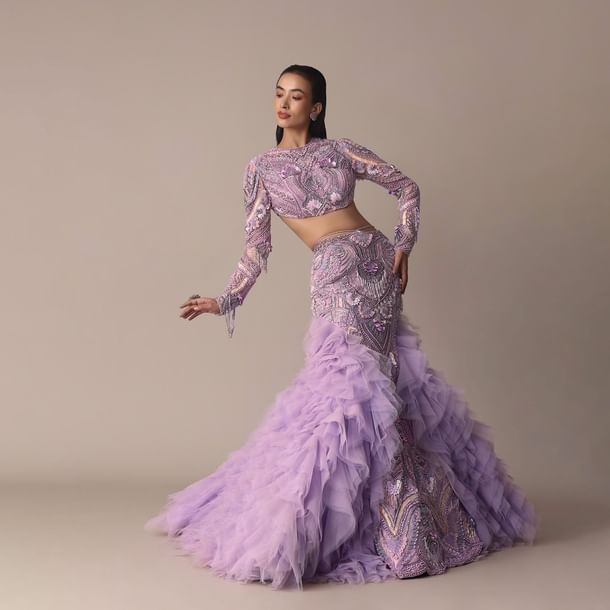 Lavender 3D Ruffle Fish Cut Skirt And Crystal Blouse Set