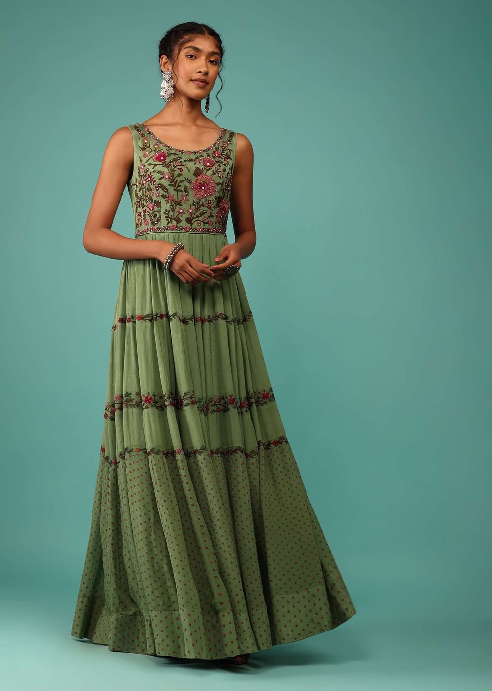 Moss Green Flowy Dress In Chiffon With Floral Kashmiri Thread Work And Embroidery