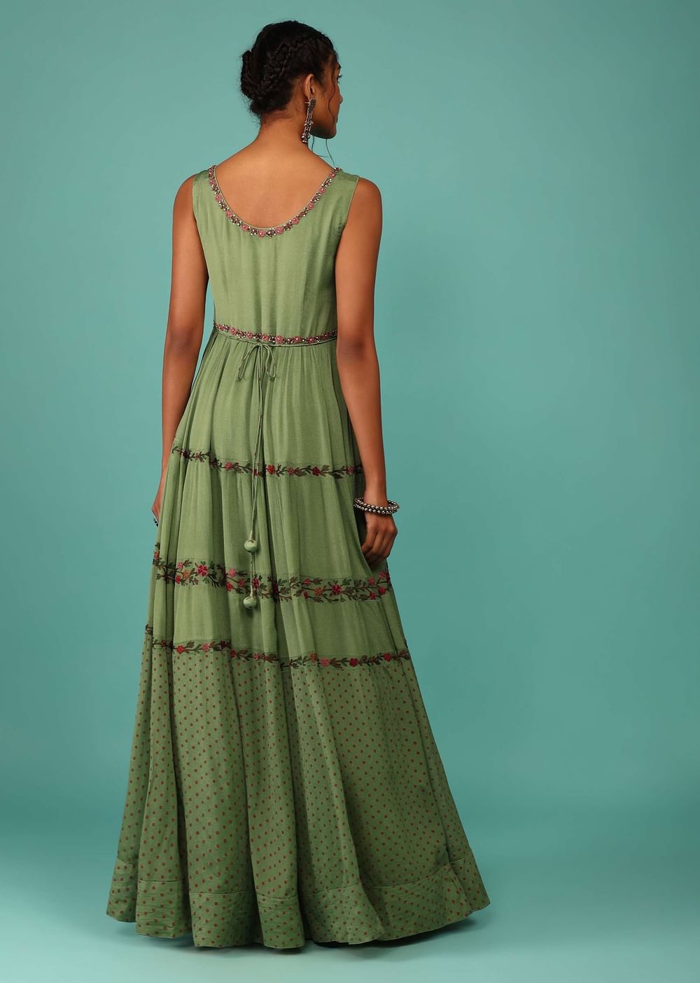 Moss Green Flowy Dress In Chiffon With Floral Kashmiri Thread Work And Embroidery