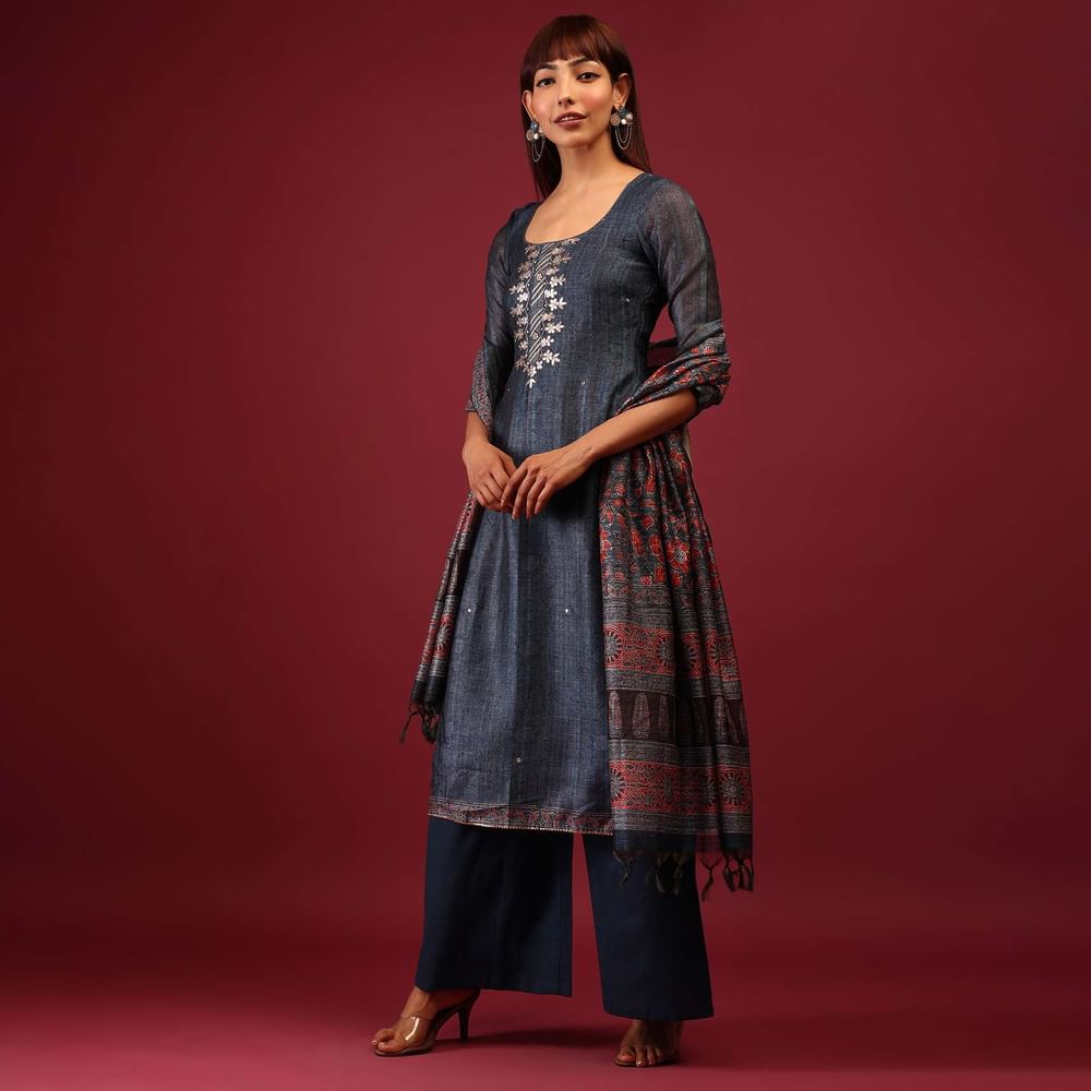 Royal Blue Printed Palazzo Suit In Tussar Silk With Embroidery
