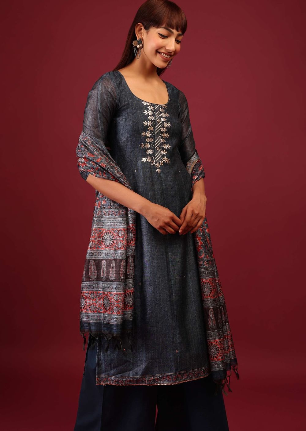 Royal Blue Printed Palazzo Suit In Tussar Silk With Embroidery