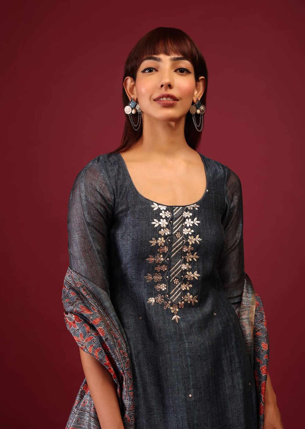 Royal Blue Printed Palazzo Suit In Tussar Silk With Embroidery