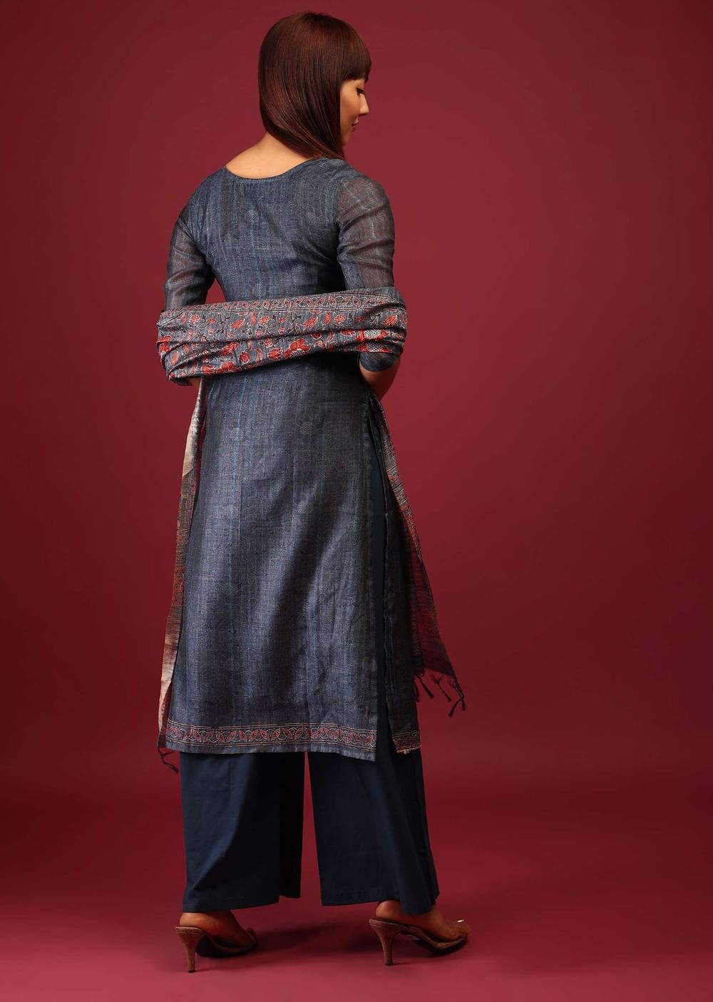 Royal Blue Printed Palazzo Suit In Tussar Silk With Embroidery