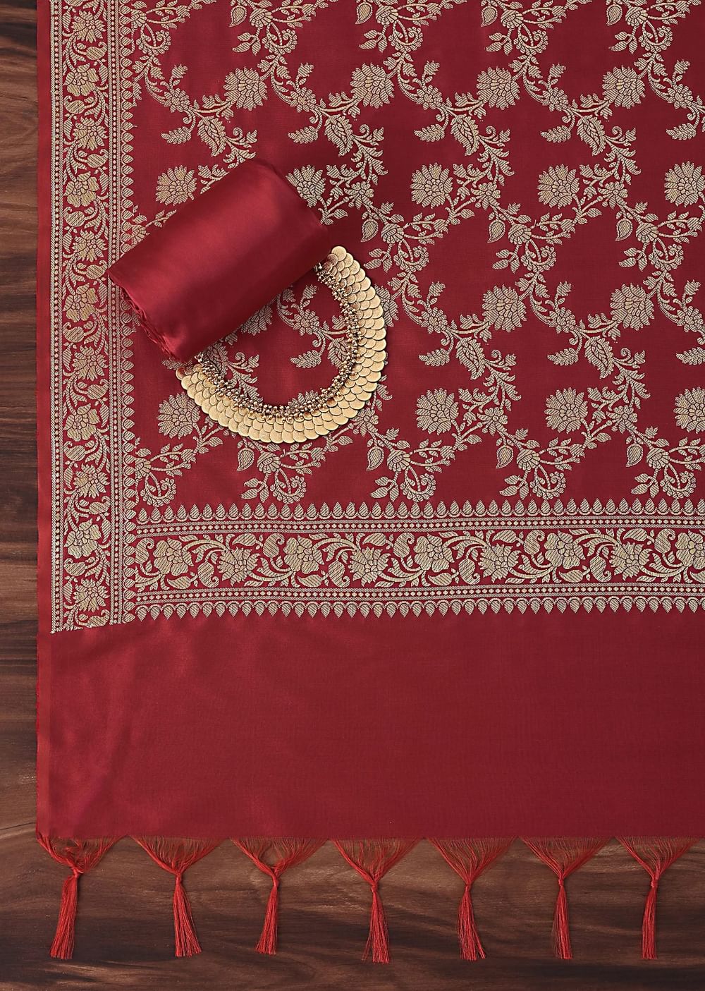 Exquisite Banarasi Print Silk Dress Material Suit Set in Red And Dark Maroon