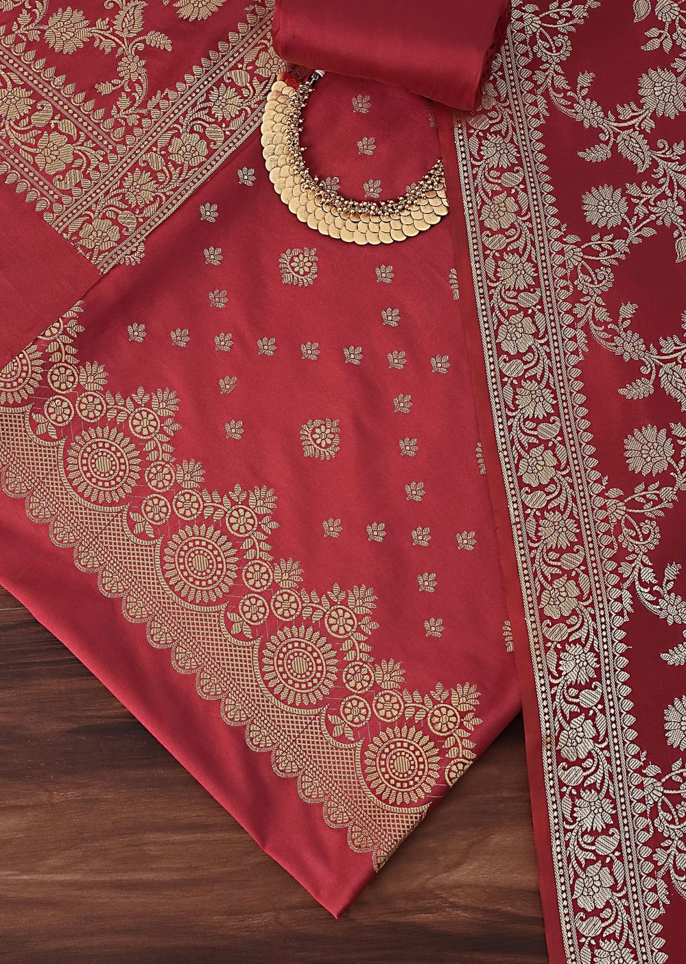 Exquisite Banarasi Print Silk Dress Material Suit Set in Red And Dark Maroon