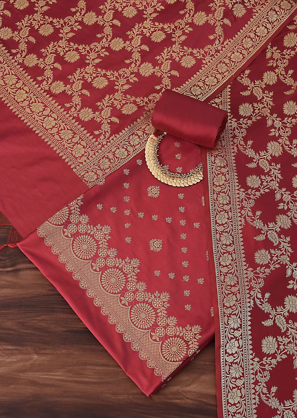 Exquisite Banarasi Print Silk Dress Material Suit Set in Red And Dark Maroon