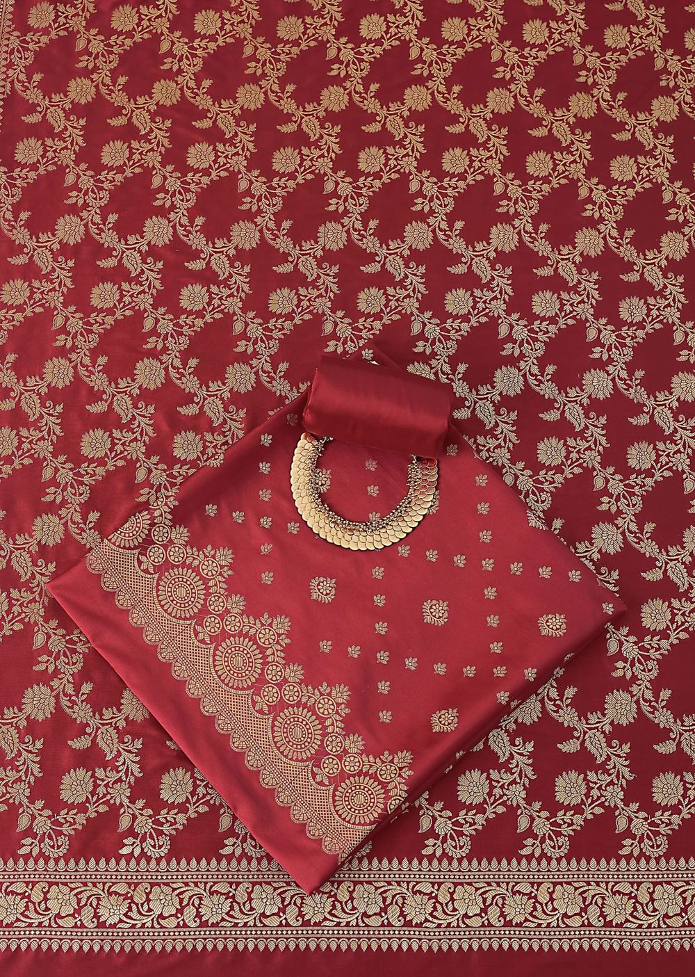 Exquisite Banarasi Print Silk Dress Material Suit Set in Red And Dark Maroon