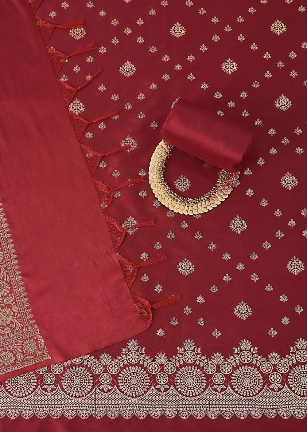Exquisite Banarasi Print Silk Dress Material Suit Set in Red And Dark Maroon
