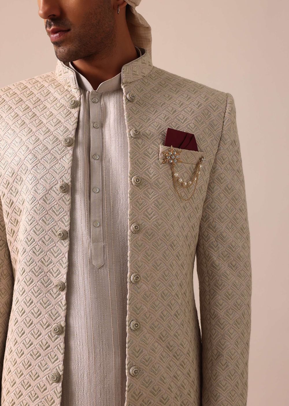 Exquisite Beige Silk Sherwani With Intricate Embroidery