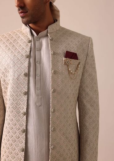 Exquisite Beige Silk Sherwani With Intricate Embroidery