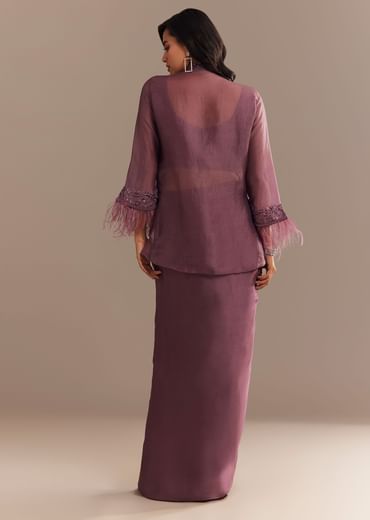 Faded Wine Sequined Jacket Draped Skirt Set