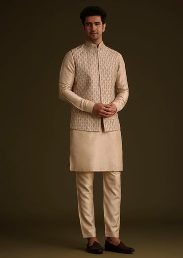 Fawn Silk Jacket Set With Dori Work