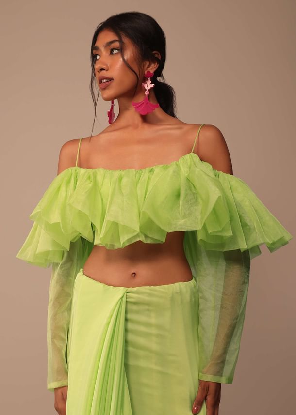 Fern Green Crepe Saree With Organza Frilled Blouse Fern Green Crepe Saree With Organza Frilled Blouse